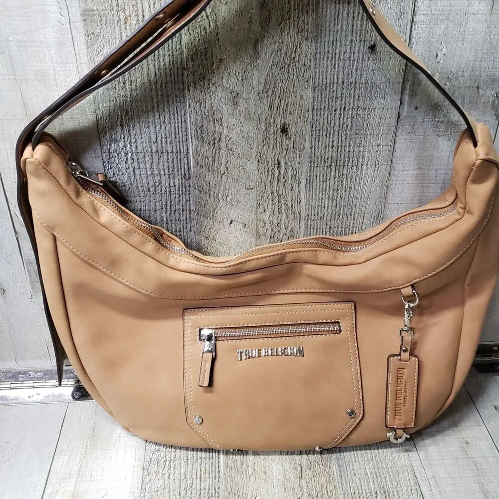 TRUE RELIGION Purse Bag Suede Hobo Crossbody Tan Adjustable Strap Zip Top NEW